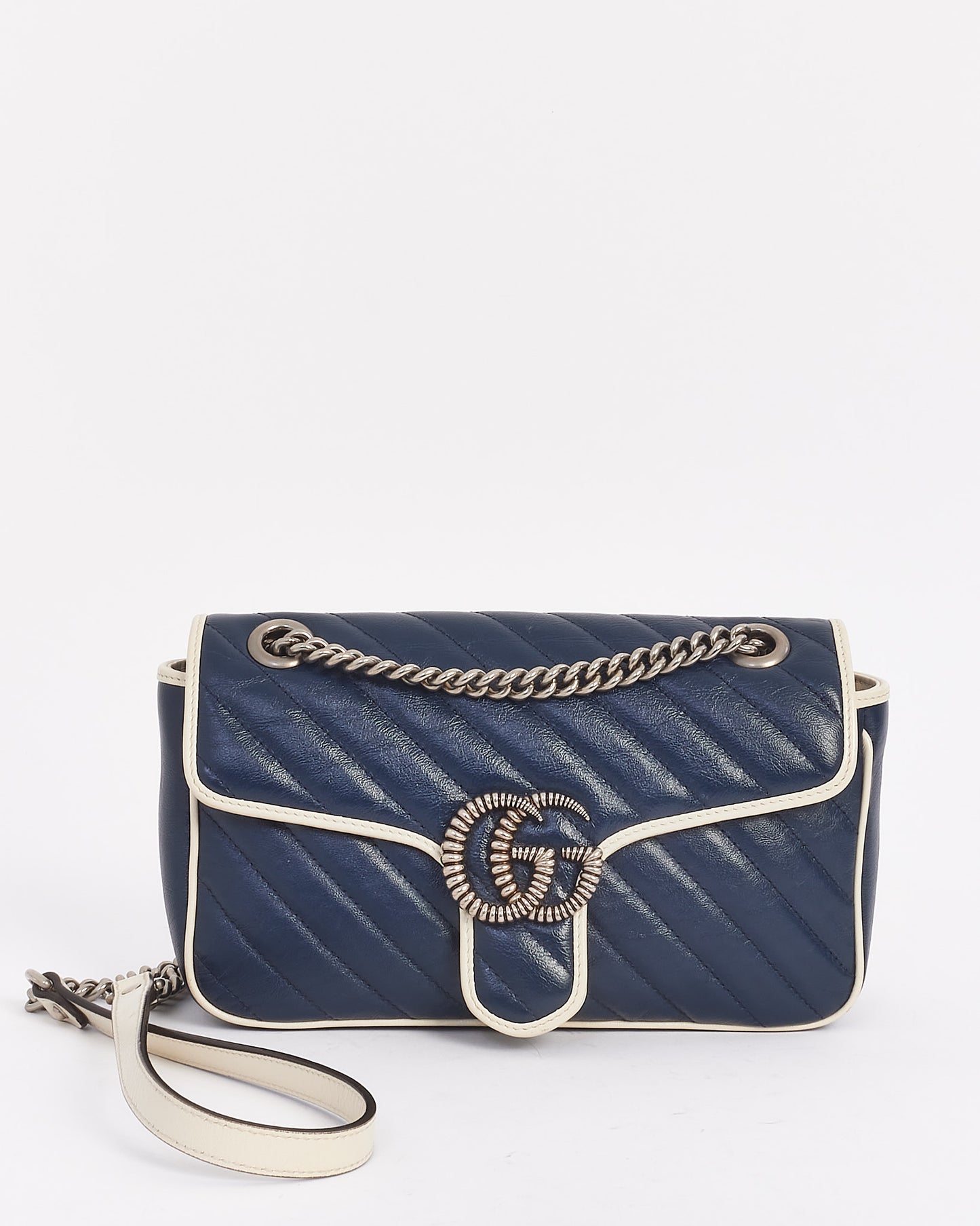 Gucci Navy and White Matlasse Leather Small Marmont Torchon Shoulder Bag