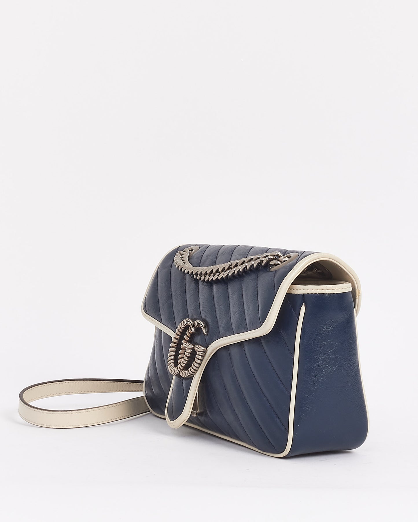 Gucci Navy and White Matlasse Leather Small Marmont Torchon Shoulder Bag