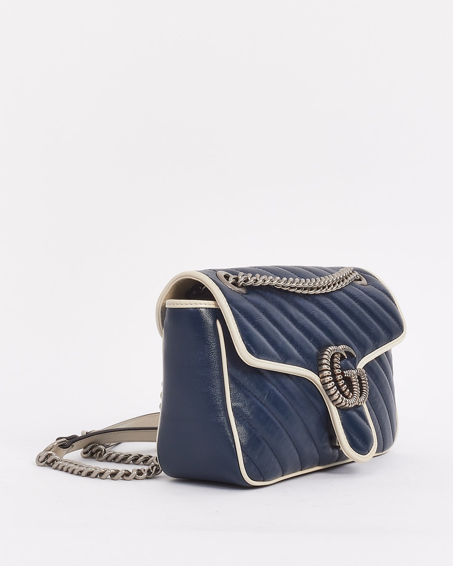 Gucci Navy and White Matlasse Leather Small Marmont Torchon Shoulder Bag