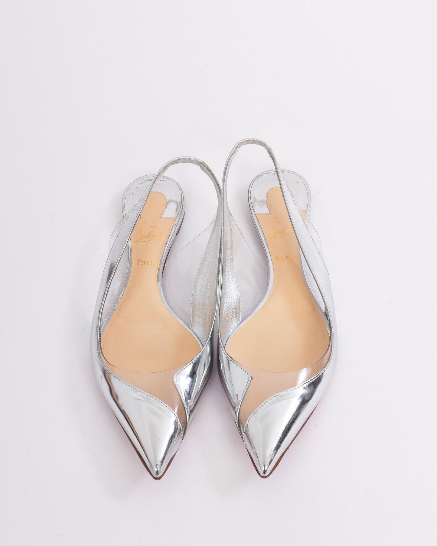 Christian Louboutin Silver Metallic Leather Cut Out Slingback Flats - 37.5