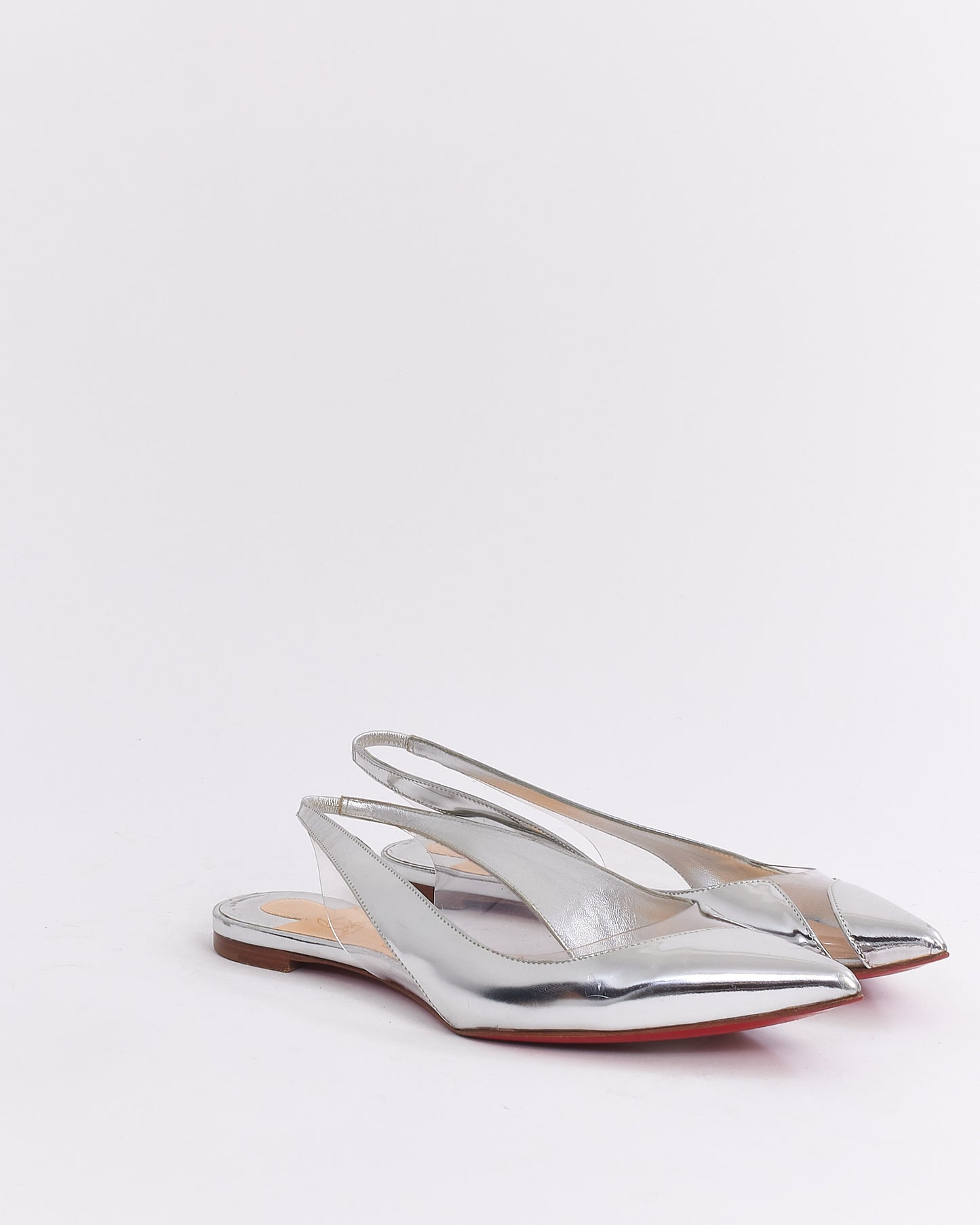 Christian Louboutin Silver Metallic Leather Cut Out Slingback Flats - 37.5