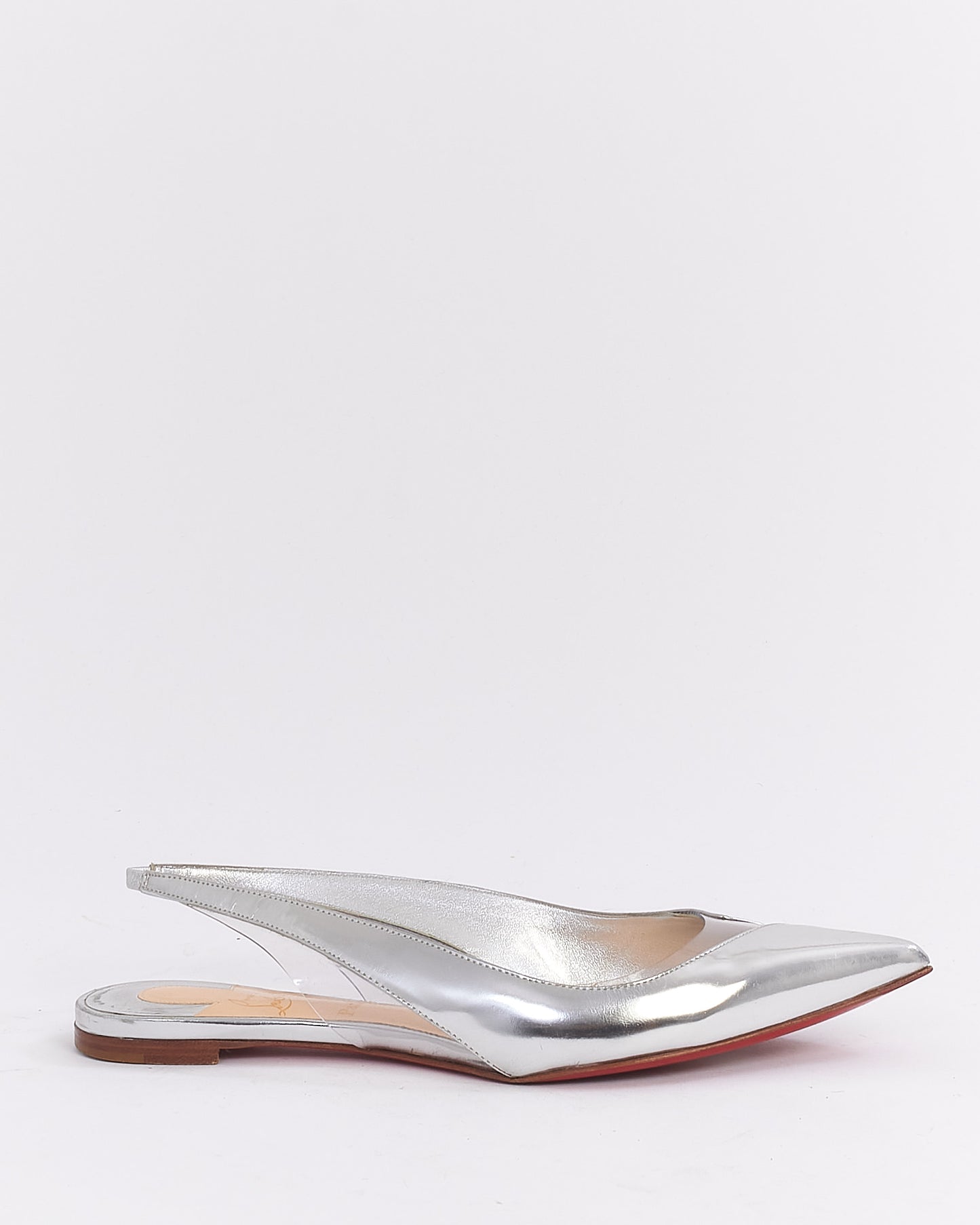 Christian Louboutin Silver Metallic Leather Cut Out Slingback Flats - 37.5