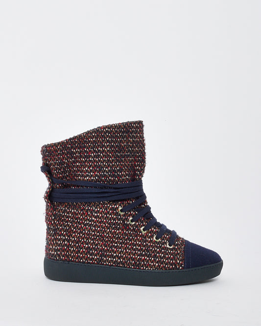 Chanel Red/Navy Tweed Lace Up Boots - 36.5