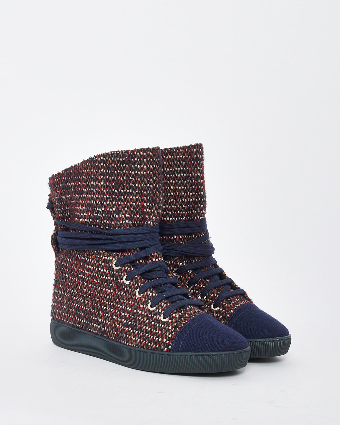 Chanel Red/Navy Tweed Lace Up Boots - 36.5