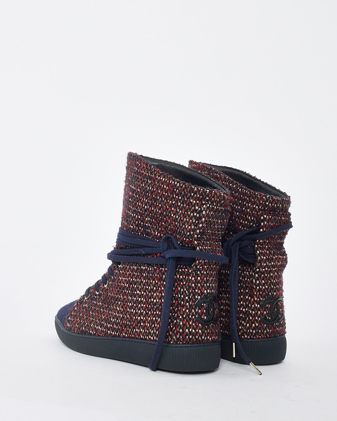 Chanel Red/Navy Tweed Lace Up Boots - 36.5