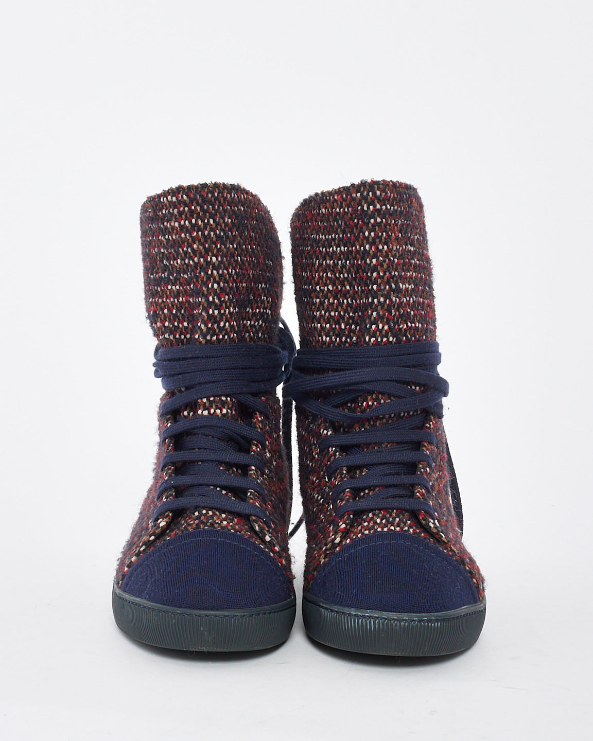 Chanel Red/Navy Tweed Lace Up Boots - 36.5