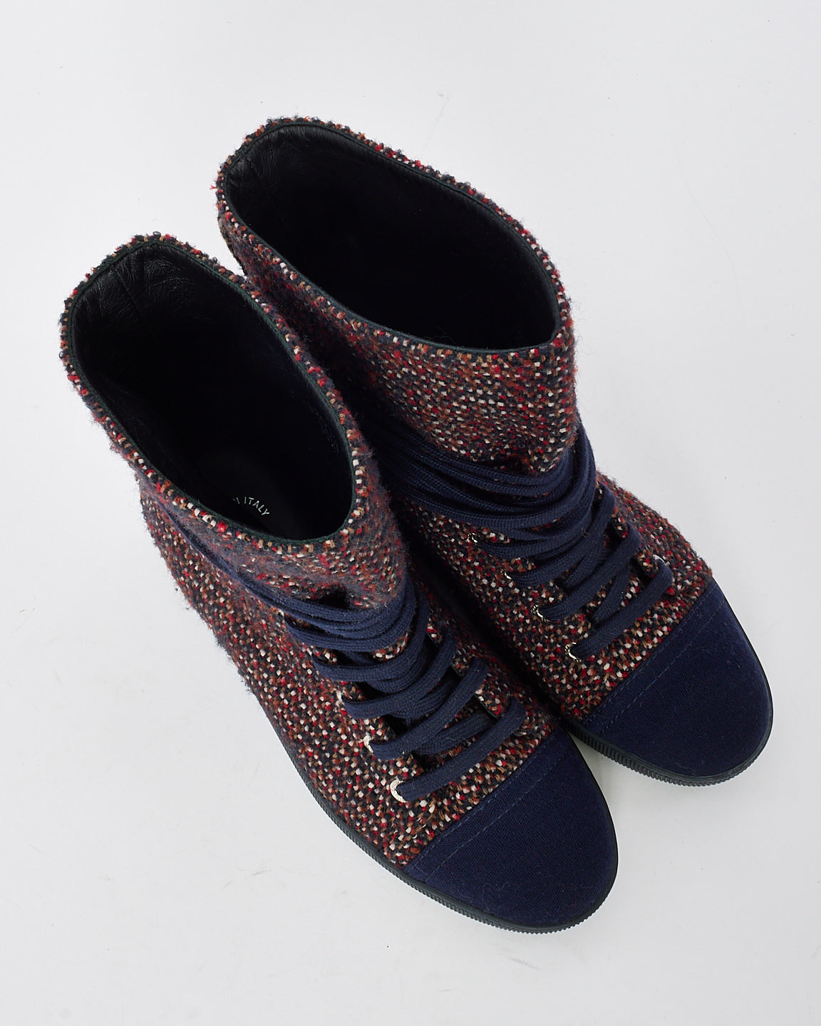 Chanel Red/Navy Tweed Lace Up Boots - 36.5