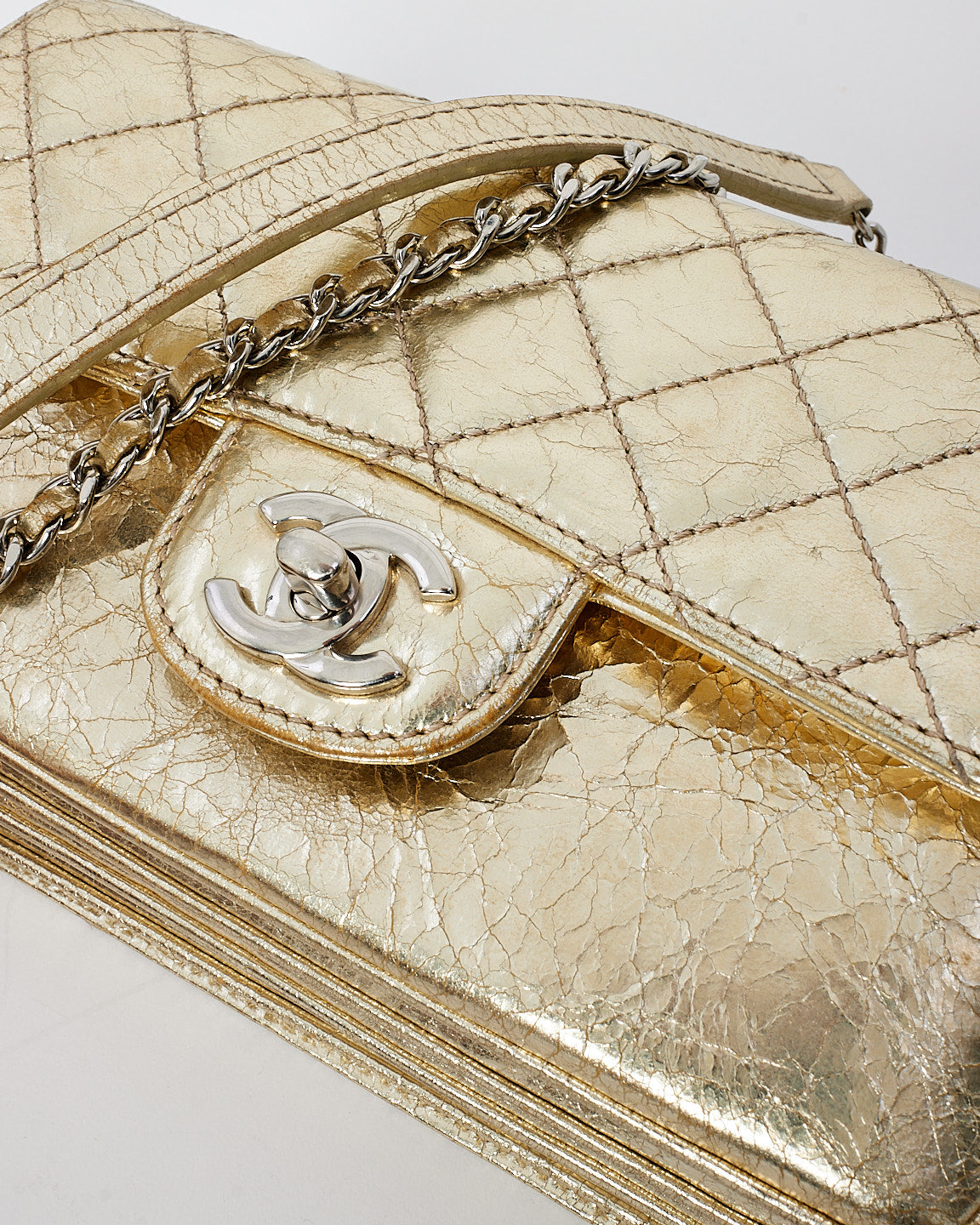 Chanel Gold Metallic Crinkled Leather Small Clams Pocket Flap Bag