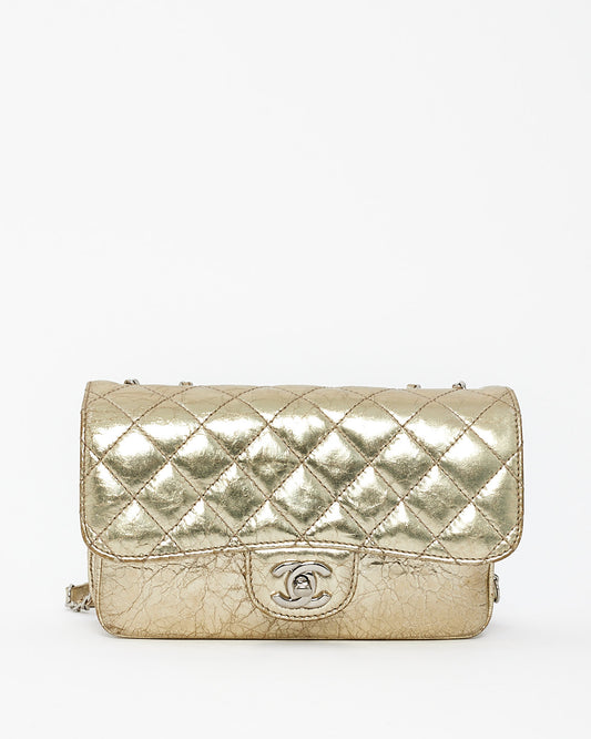 Chanel Gold Metallic Crinkled Leather Small Clams Pocket Flap Bag