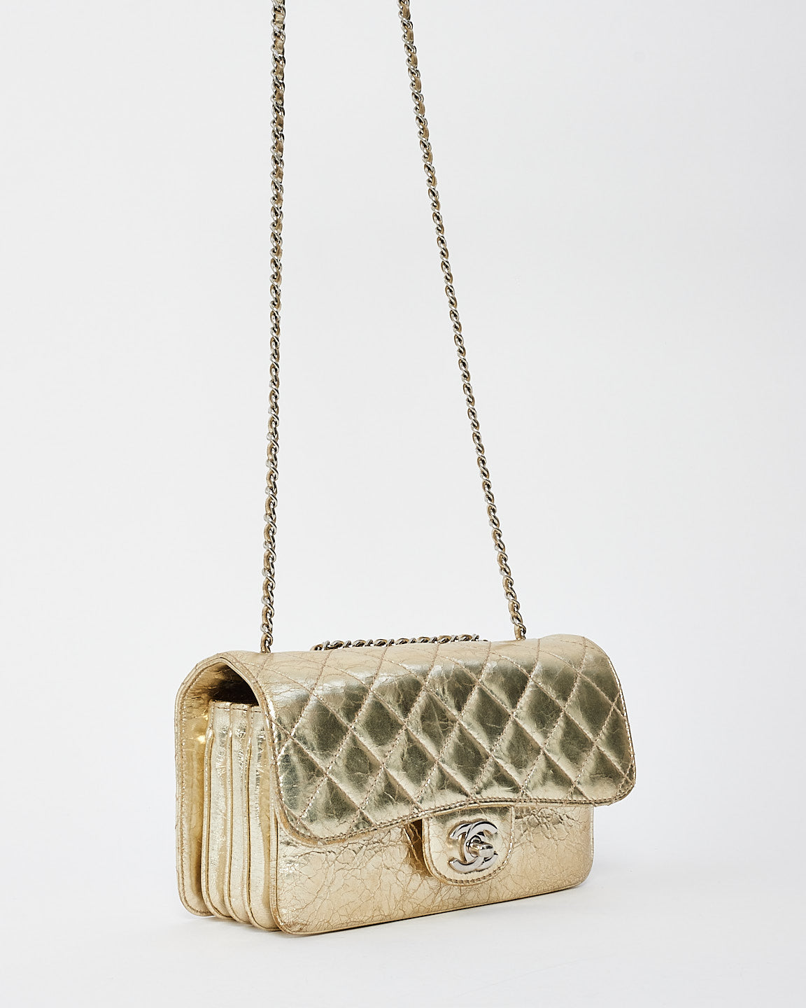 Chanel Gold Metallic Crinkled Leather Small Clams Pocket Flap Bag