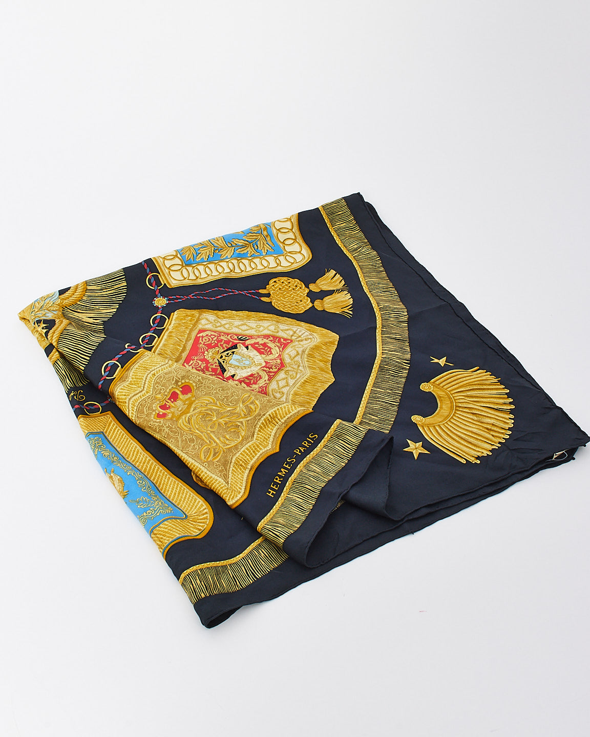 Hermès Navy & Gold Poste et Cavalerie Silk Scarf