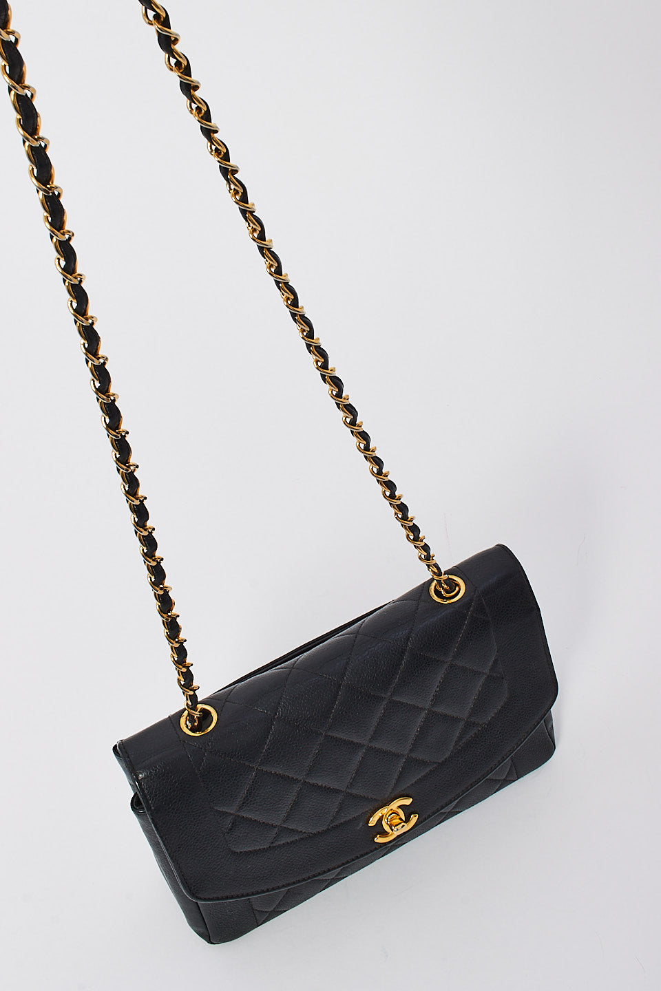 Chanel Vintage Black Caviar Leather Medium Diana Flap Shoulder Bag