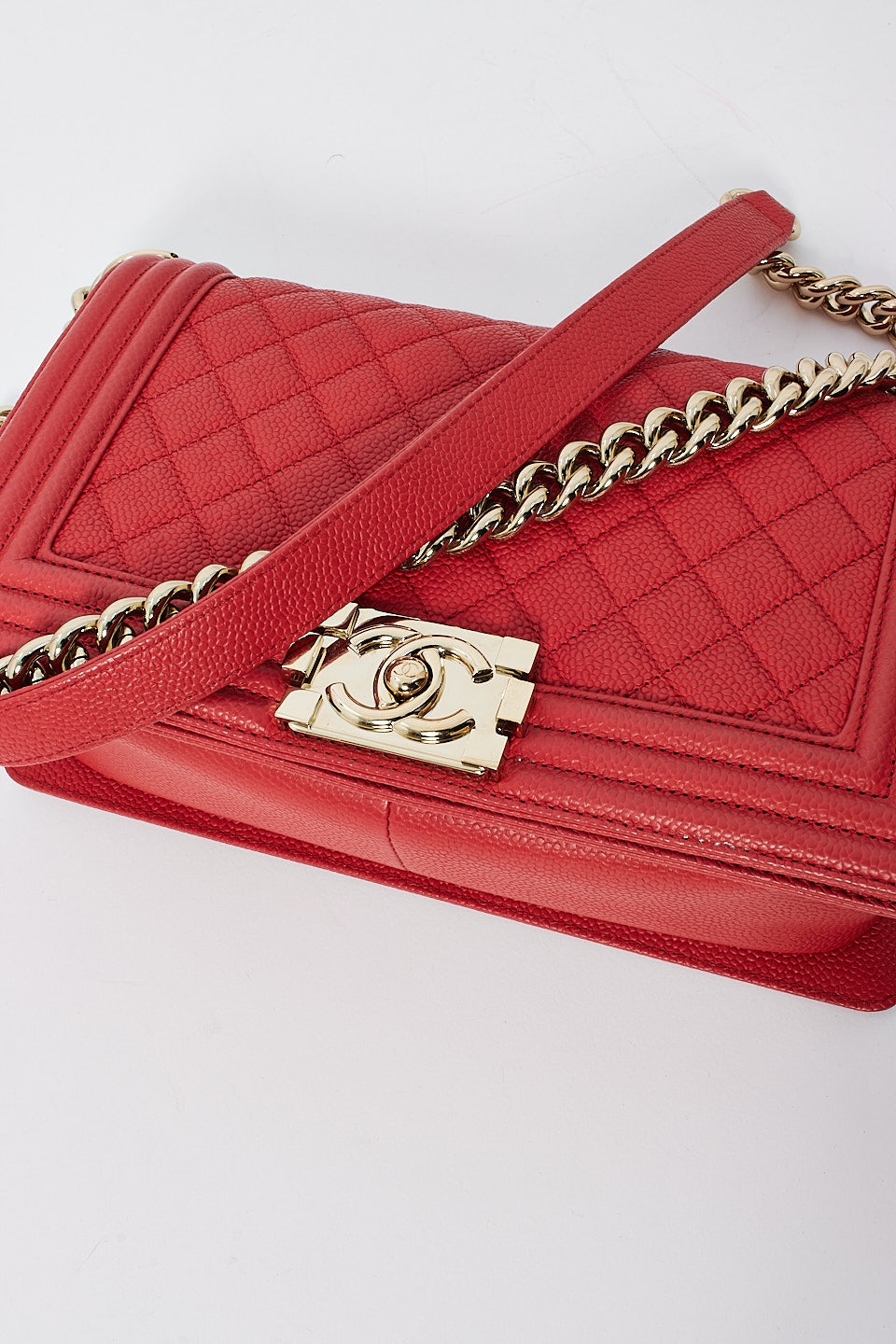 Chanel Red Caviar Leather Medium Boy Handbags