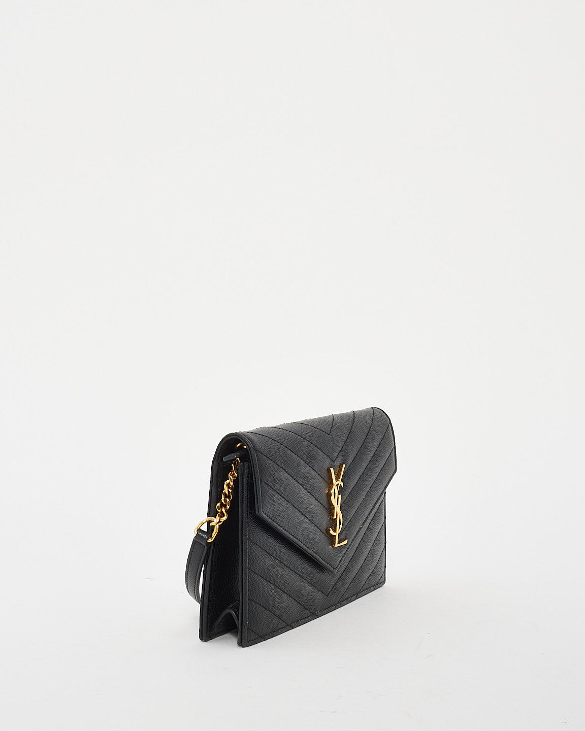 Saint Laurent Black Chevron Grained Leather Envelope Wallet On Chain