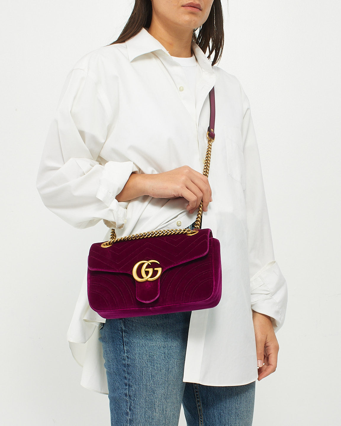 Gucci Fuschia Matelassé Velvet Small GG Marmont Shoulder Bag