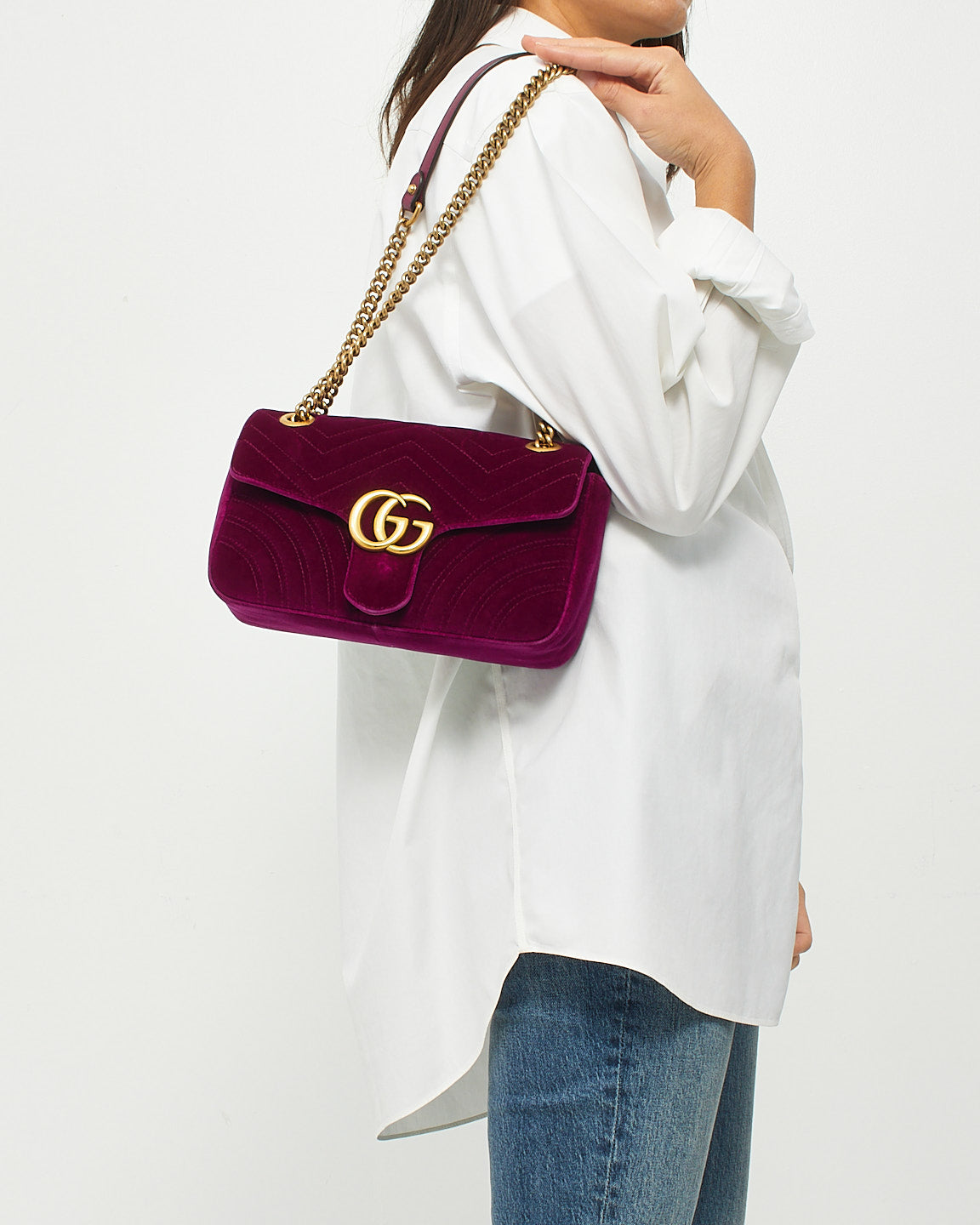 Gucci Fuschia Matelassé Velvet Small GG Marmont Shoulder Bag