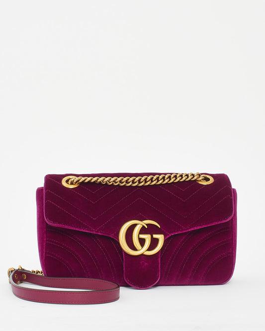 Gucci Fuschia Matelassé Velvet Small GG Marmont Shoulder Bag