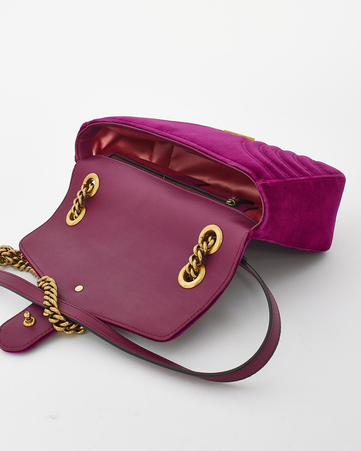 Gucci Fuschia Matelassé Velvet Small GG Marmont Shoulder Bag