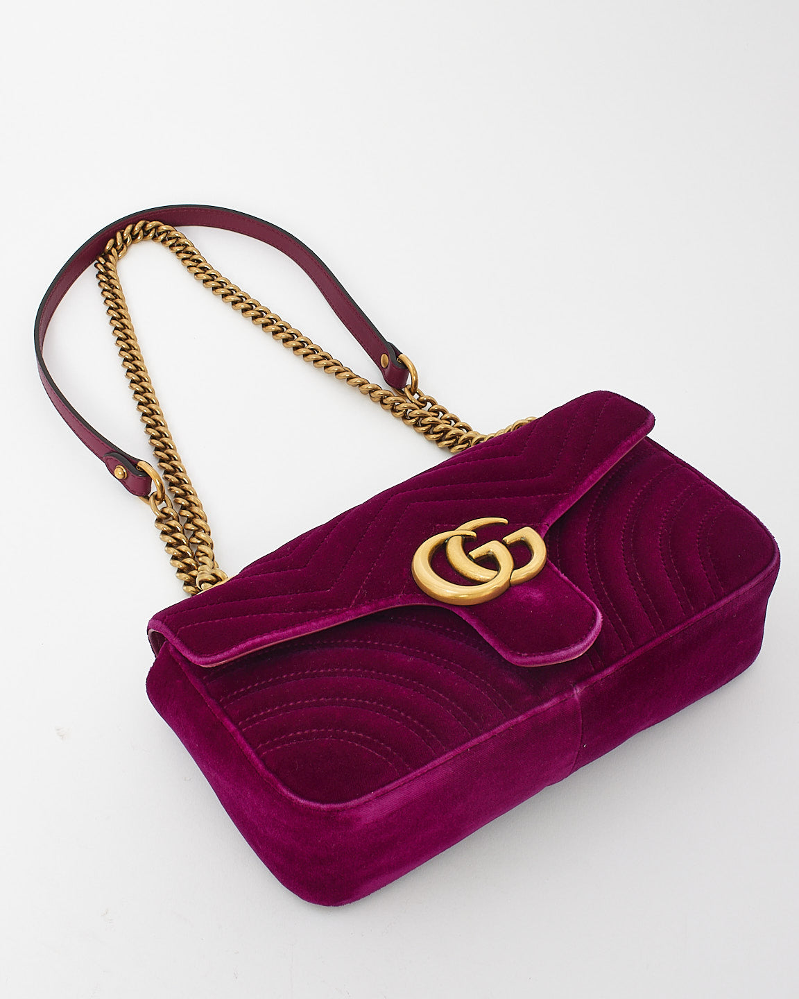 Gucci Fuschia Matelassé Velvet Small GG Marmont Shoulder Bag