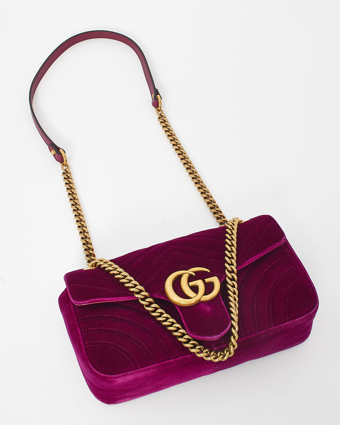 Gucci Fuschia Matelassé Velvet Small GG Marmont Shoulder Bag