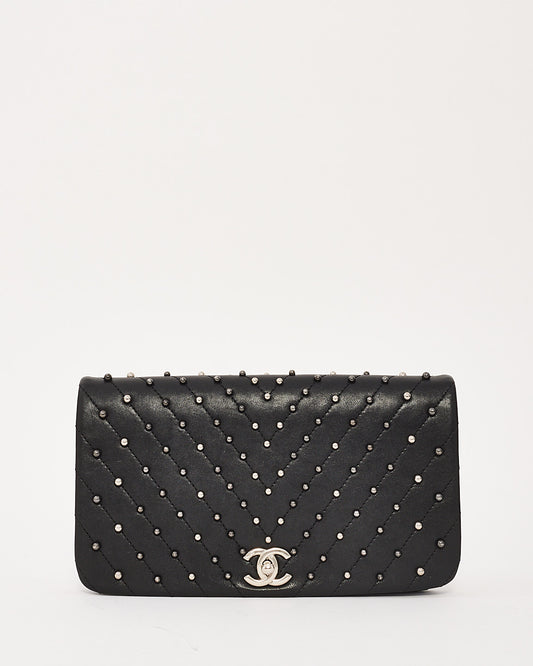 Chanel Black Lambskin Studded Leather Chevron Wars Flap Clutch