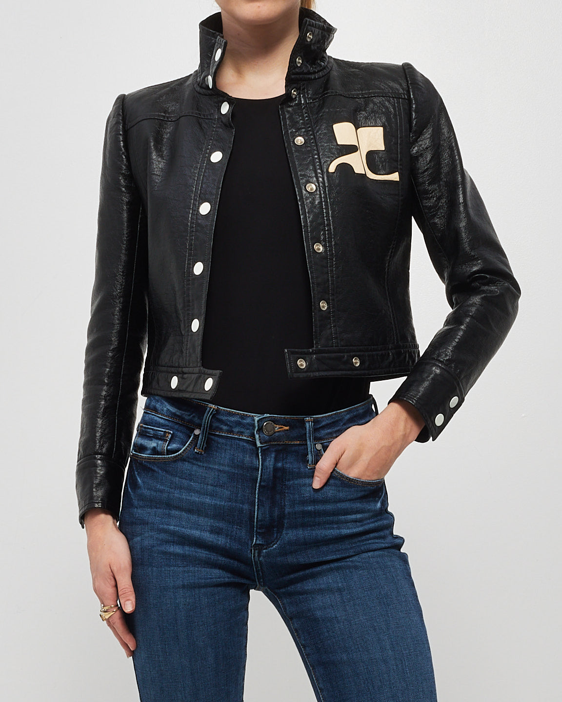 Courrege 80's Vintage Black Crinkled Leather Press-Stud Jacket - XS