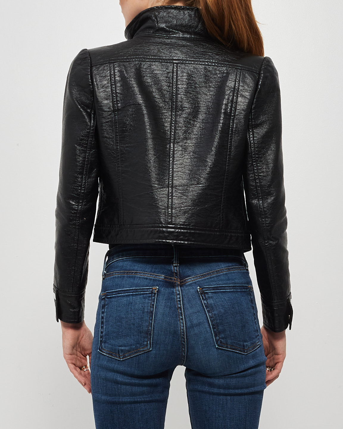 Courrege 80's Vintage Black Crinkled Leather Press-Stud Jacket - XS