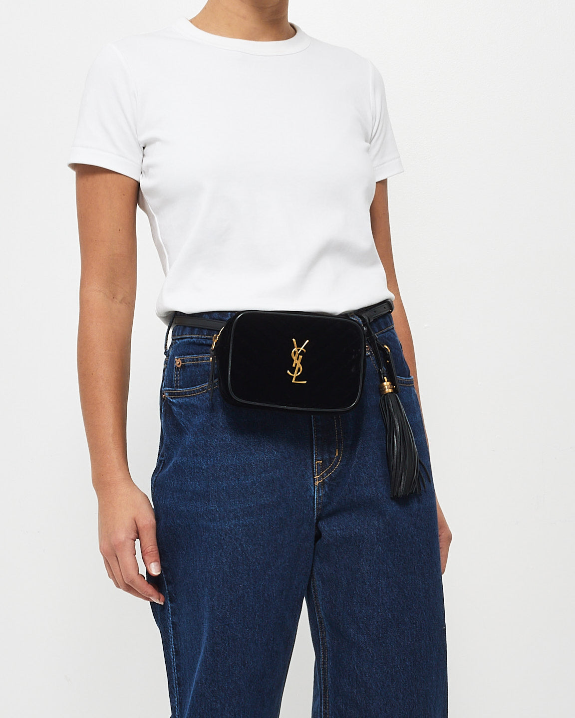 Saint Laurent Black Velvet Monogram Chevron Belt Bag