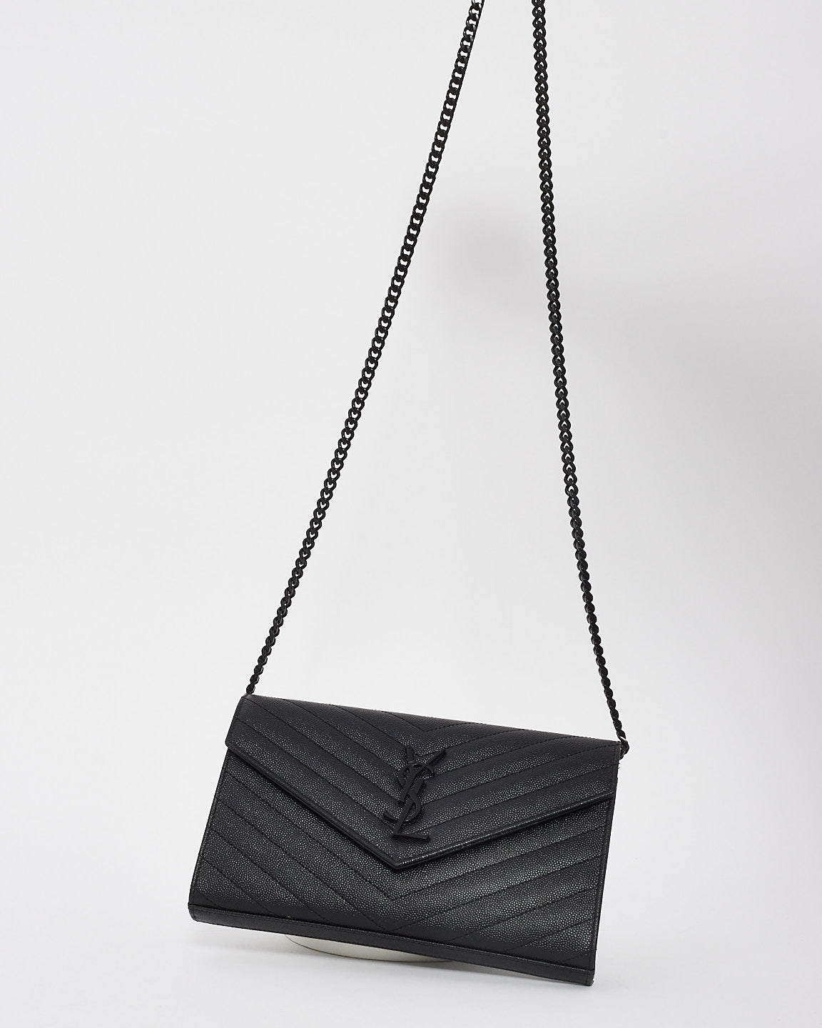 Saint Laurent Black on Black Grain de Poudre Leather Monogram Cassandre Wallet on Chain Bag