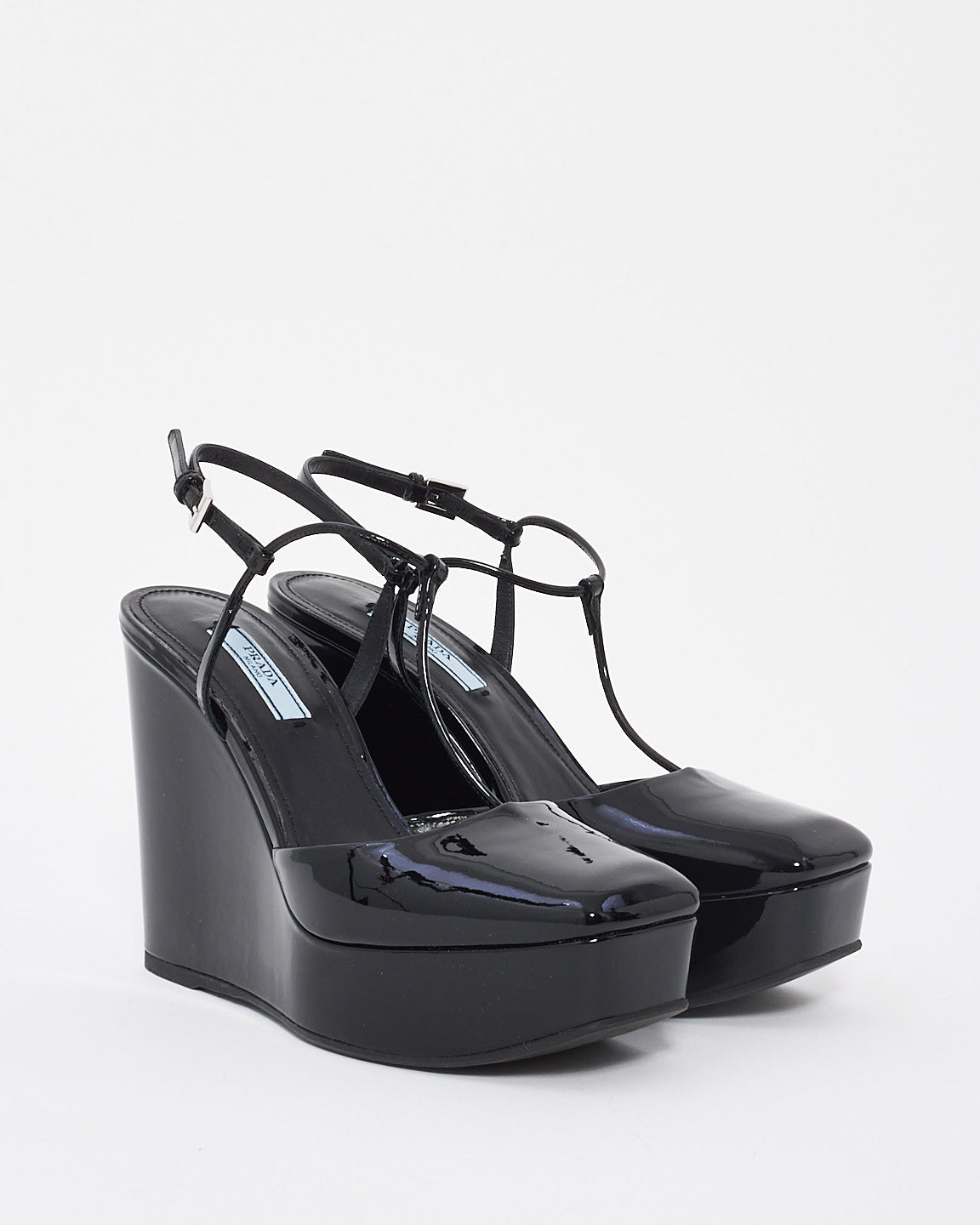 Prada Black Patent Leather Strap Wedge Sandal - 37