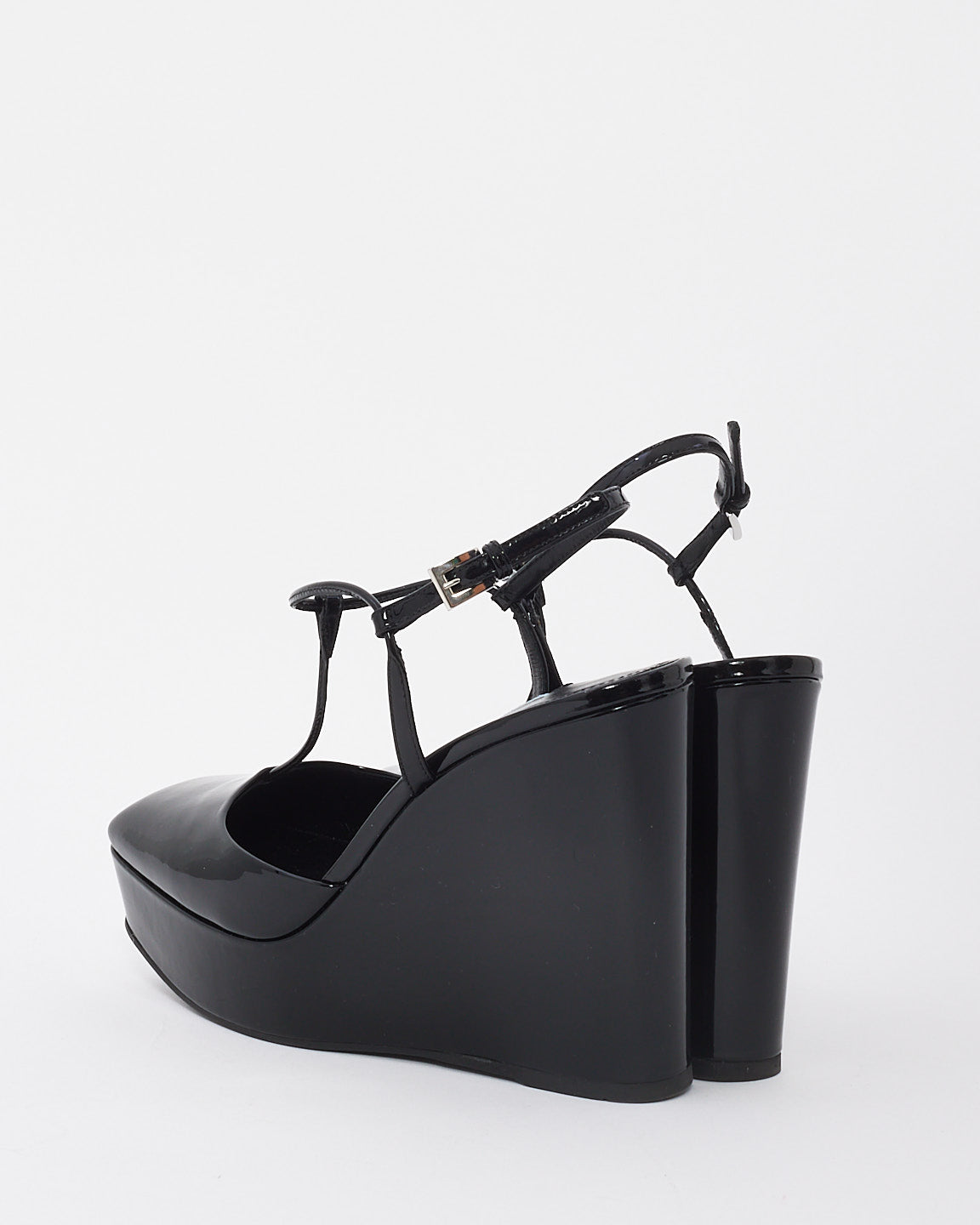 Prada Black Patent Leather Strap Wedge Sandal - 37