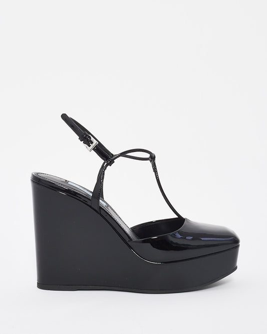 Prada Black Patent Leather Strap Wedge Sandal - 37