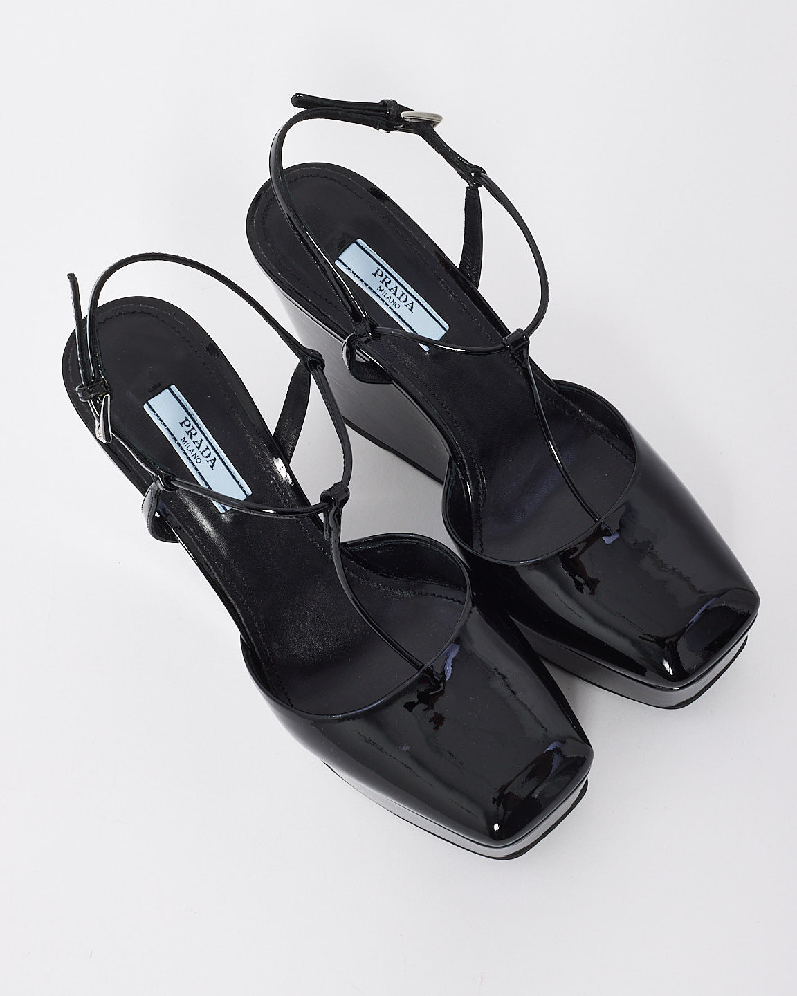 Prada Black Patent Leather Strap Wedge Sandal - 37