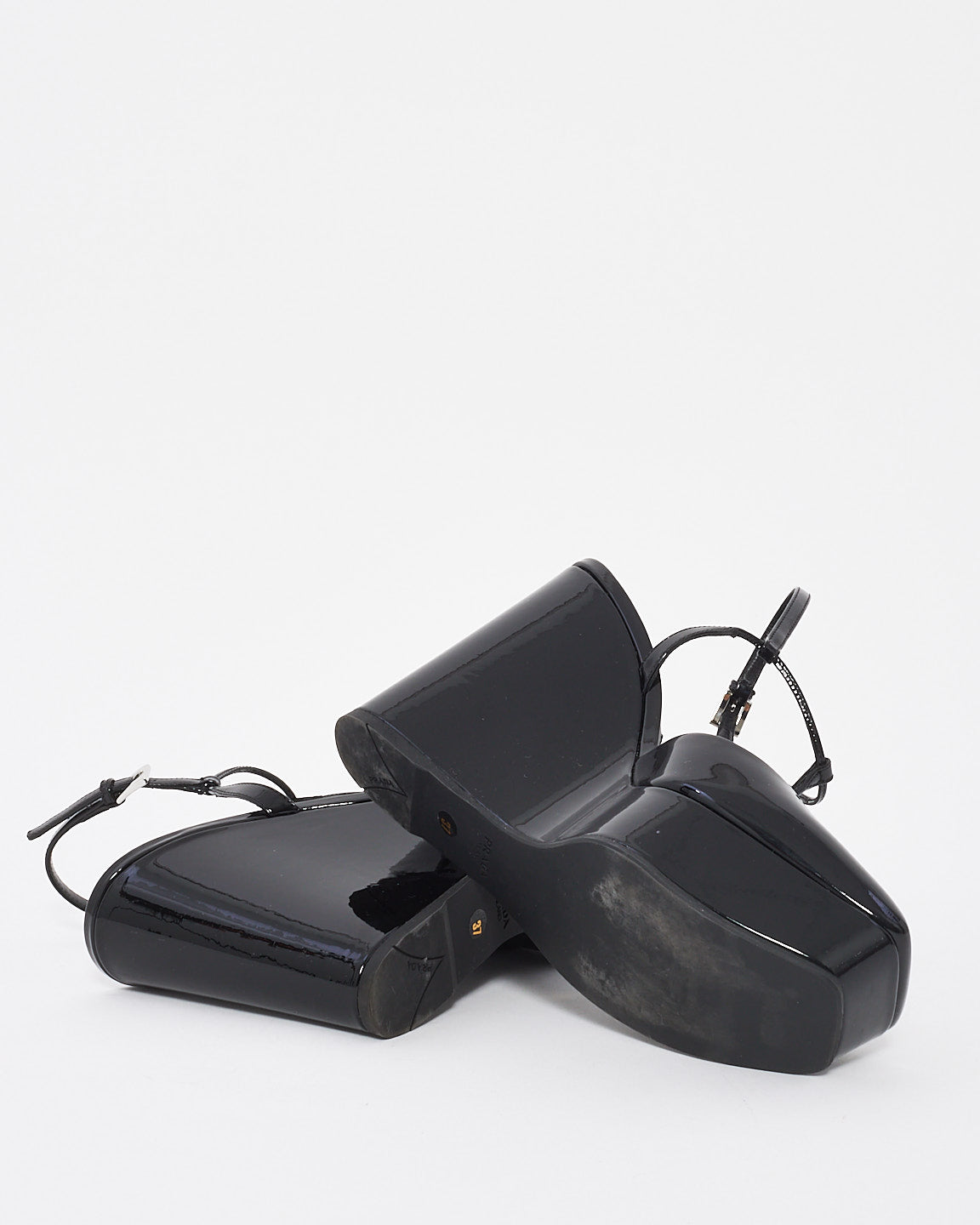 Prada Black Patent Leather Strap Wedge Sandal - 37