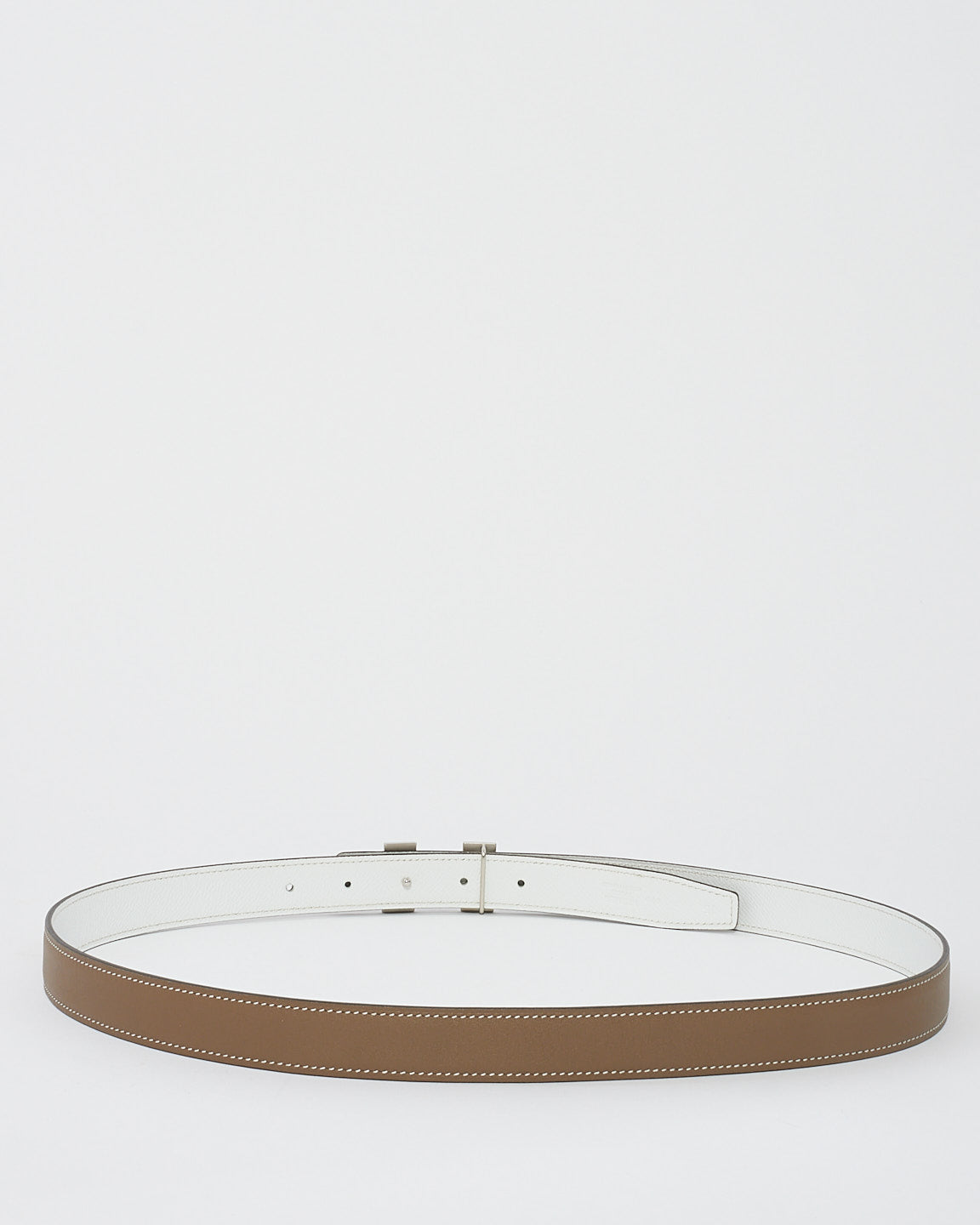 Hermès Etoupe & White Leather Silver Buckle Reversible H Belt - 95