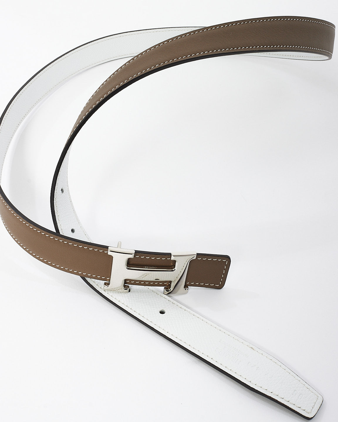 Hermès Etoupe & White Leather Silver Buckle Reversible H Belt - 95