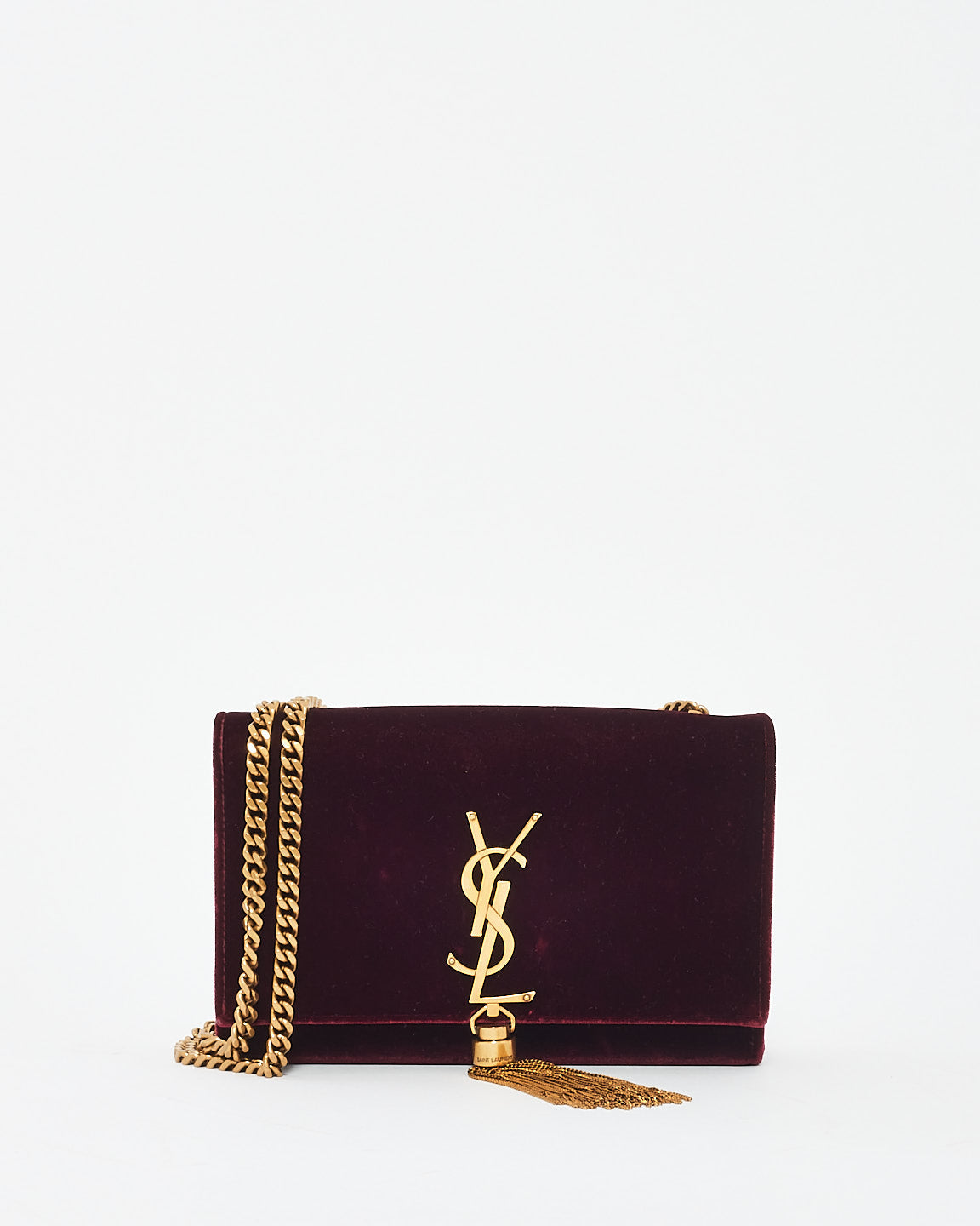 Saint Laurent Petit sac à bandoulière Kate en velours bordeaux avec chaîne à pampilles