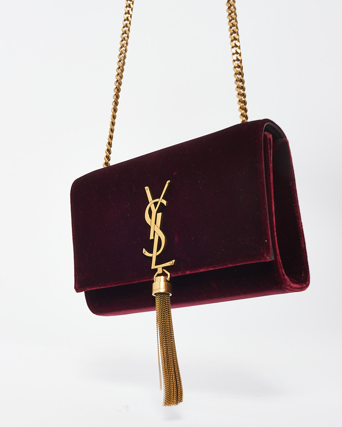 Saint Laurent Petit sac à bandoulière Kate en velours bordeaux avec chaîne à pampilles