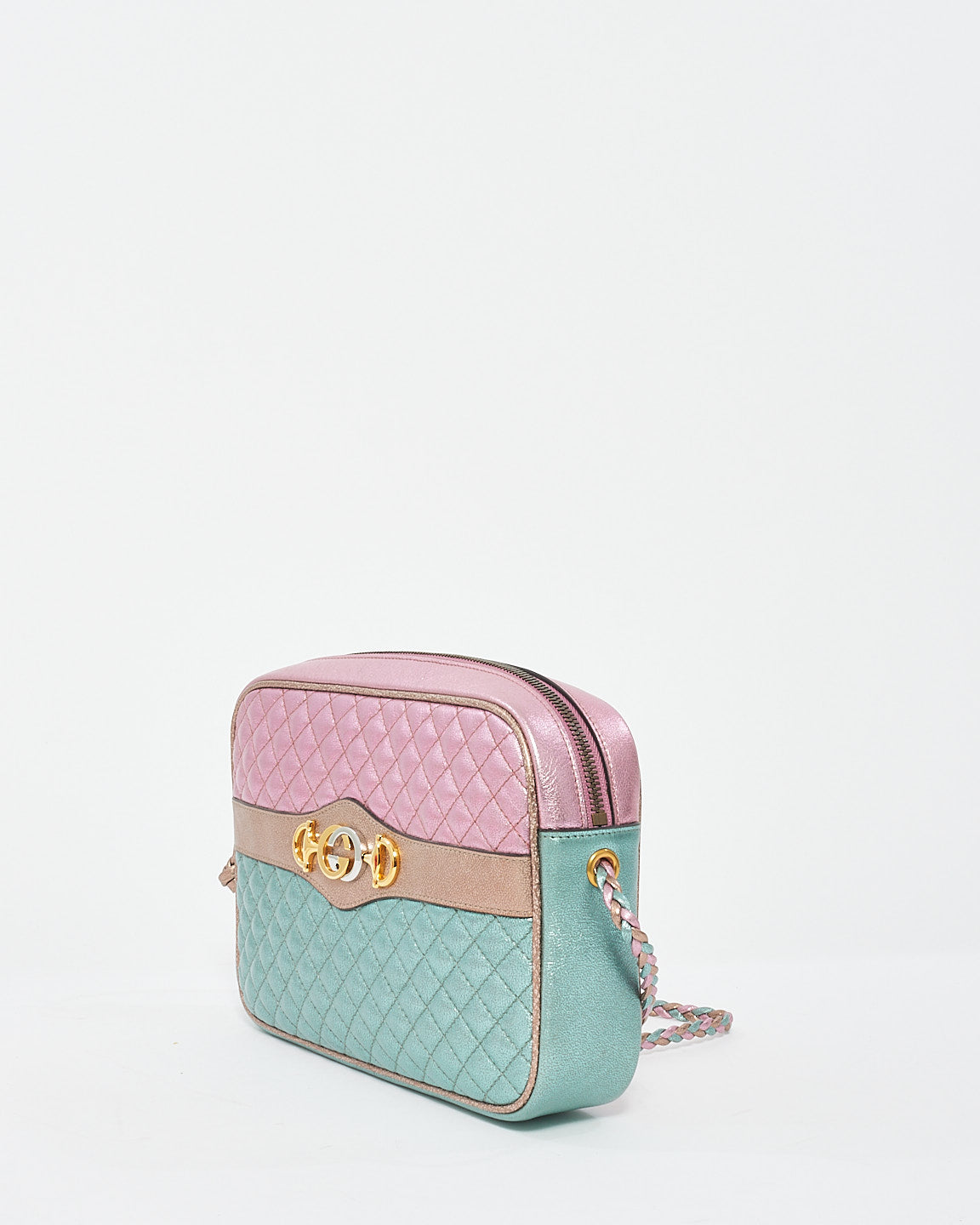 Gucci Pink/Green Metallic Quilted Leather Trapuntata Medium Camera Bag