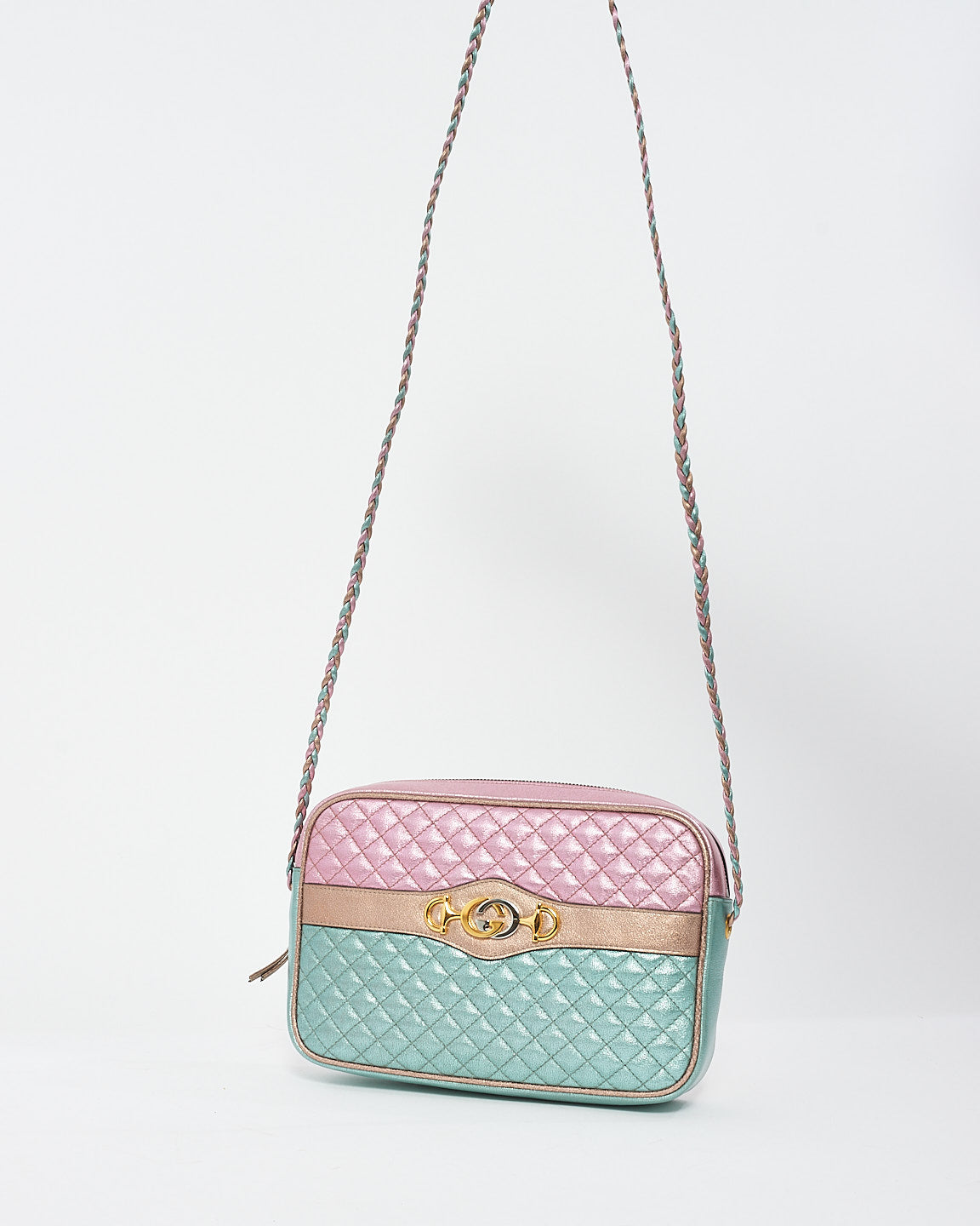 Gucci Pink/Green Metallic Quilted Leather Trapuntata Medium Camera Bag