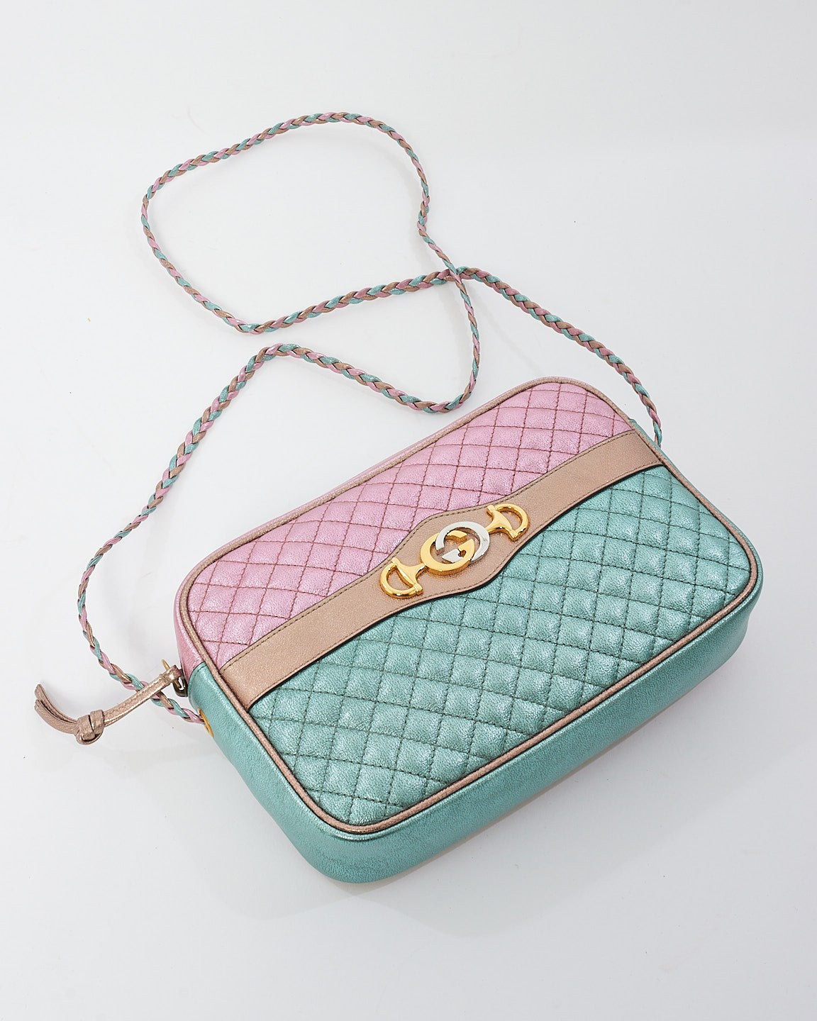 Gucci Pink/Green Metallic Quilted Leather Trapuntata Medium Camera Bag