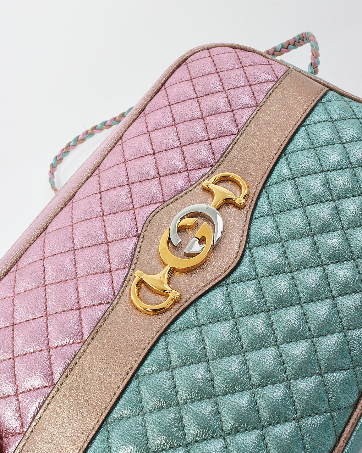 Gucci Pink/Green Metallic Quilted Leather Trapuntata Medium Camera Bag