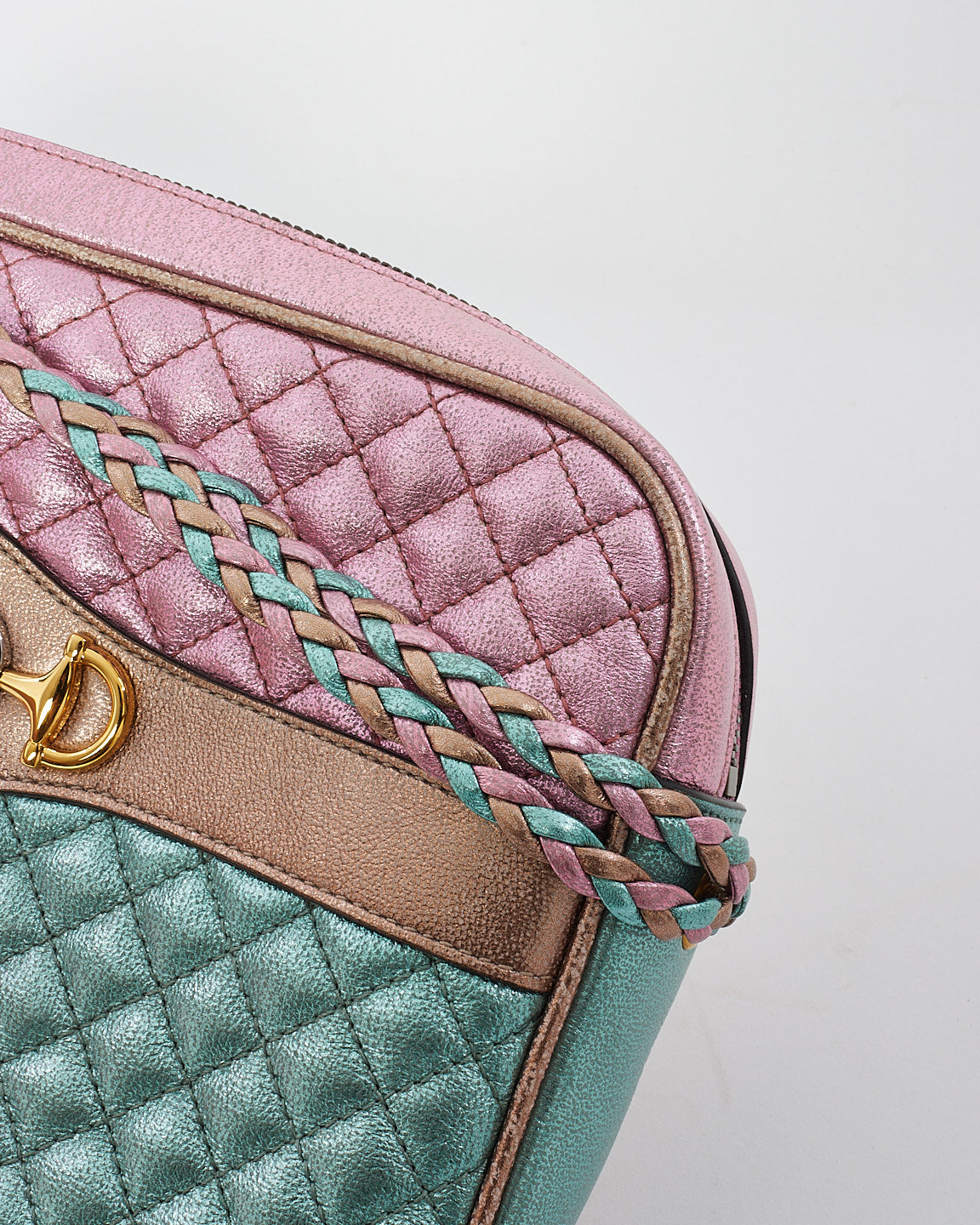 Gucci Pink/Green Metallic Quilted Leather Trapuntata Medium Camera Bag