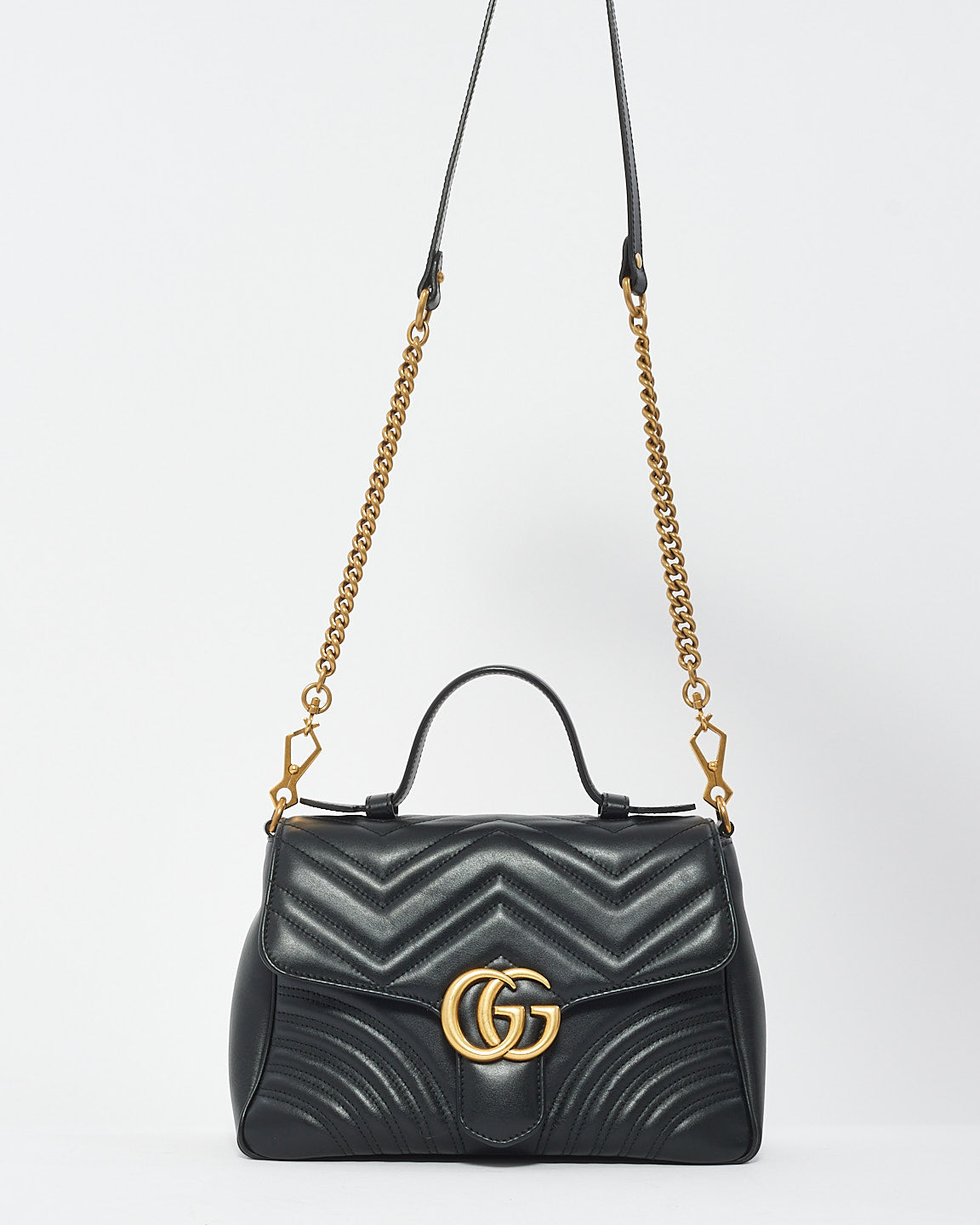 Gucci Black Matelssé Leather GG Marmont Small Top Handle Bag