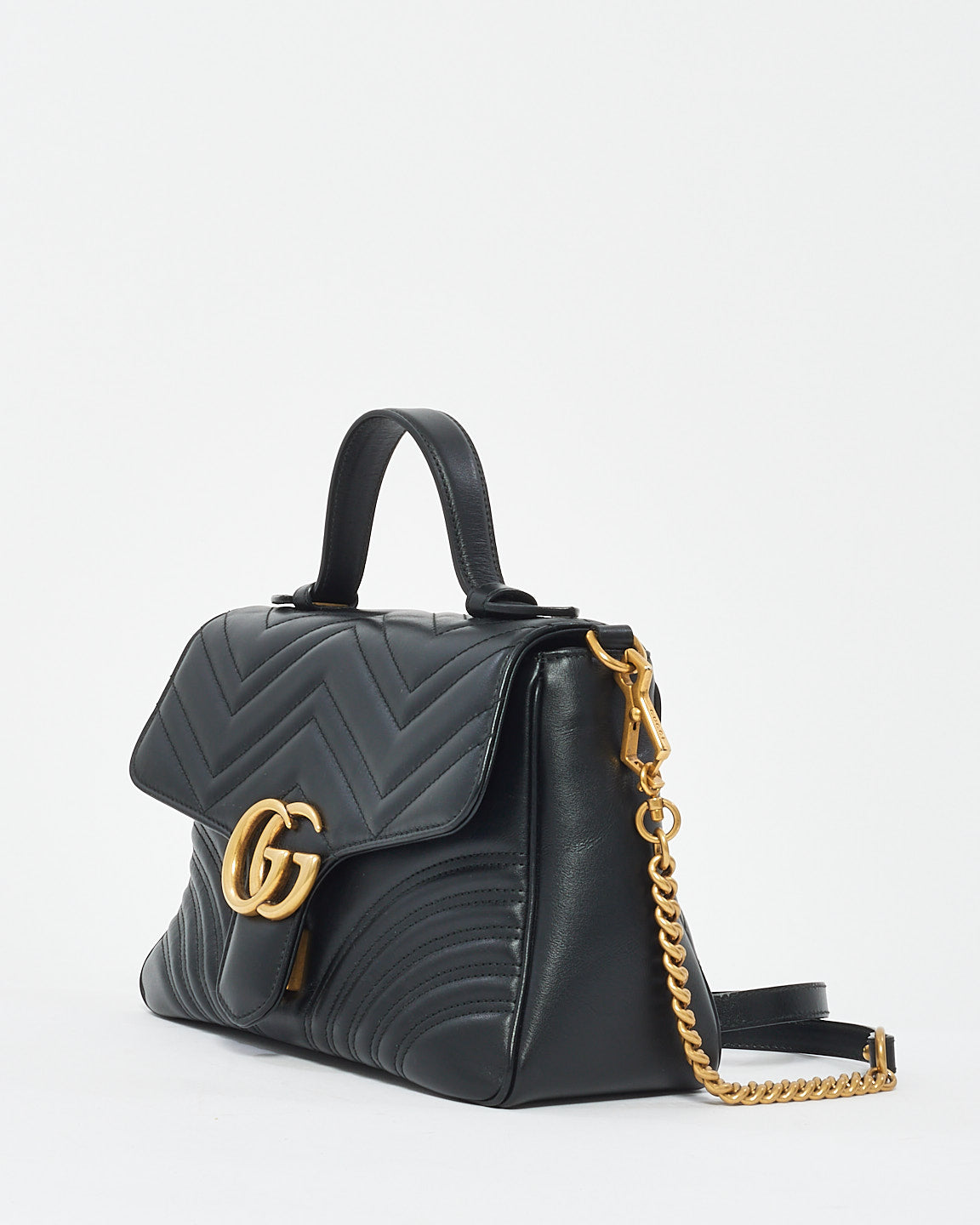 Gucci Black Matelssé Leather GG Marmont Small Top Handle Bag