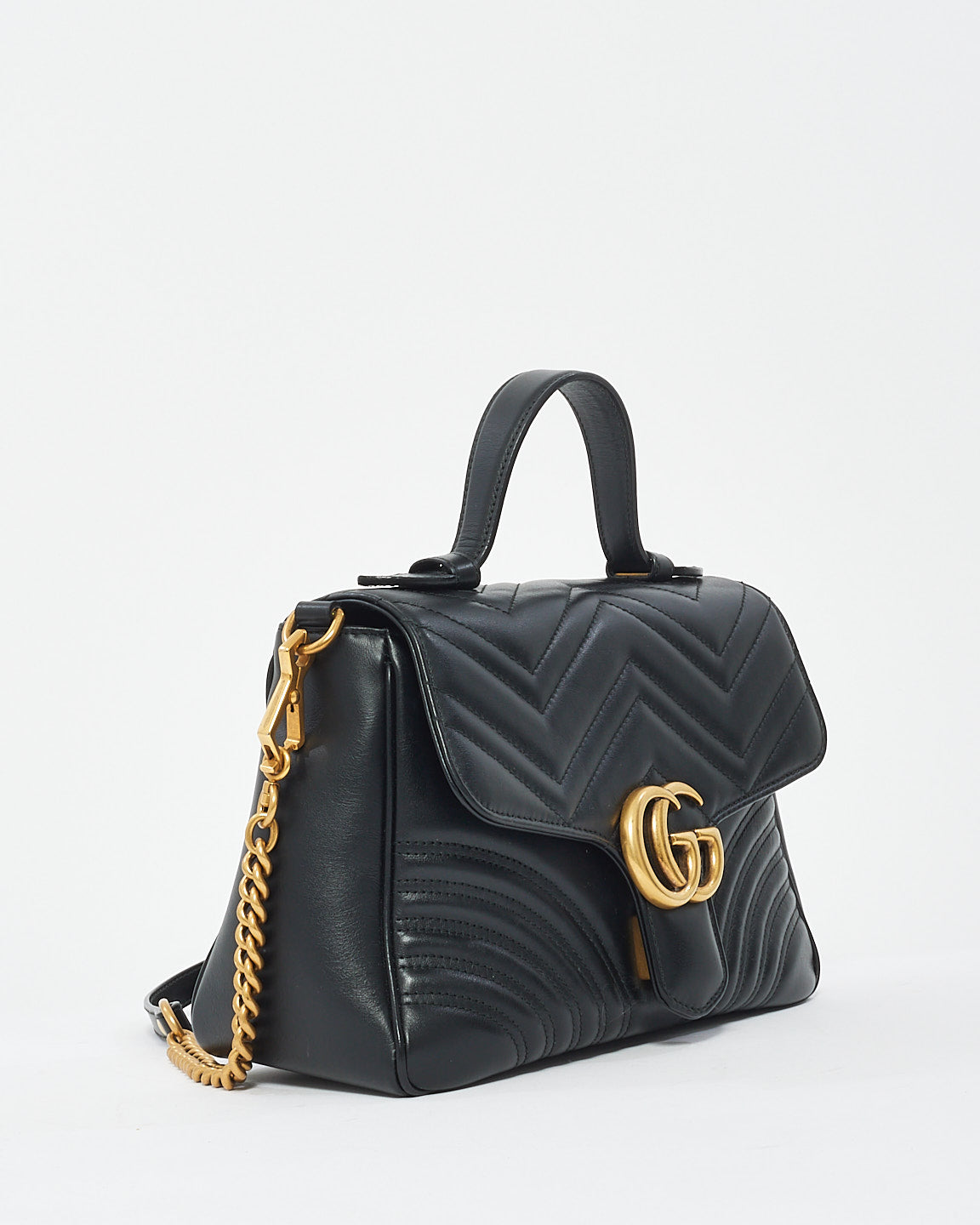 Gucci Black Matelssé Leather GG Marmont Small Top Handle Bag