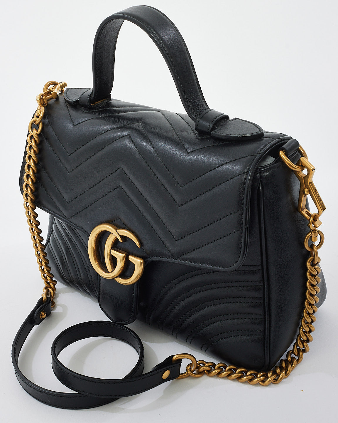 Gucci Black Matelssé Leather GG Marmont Small Top Handle Bag