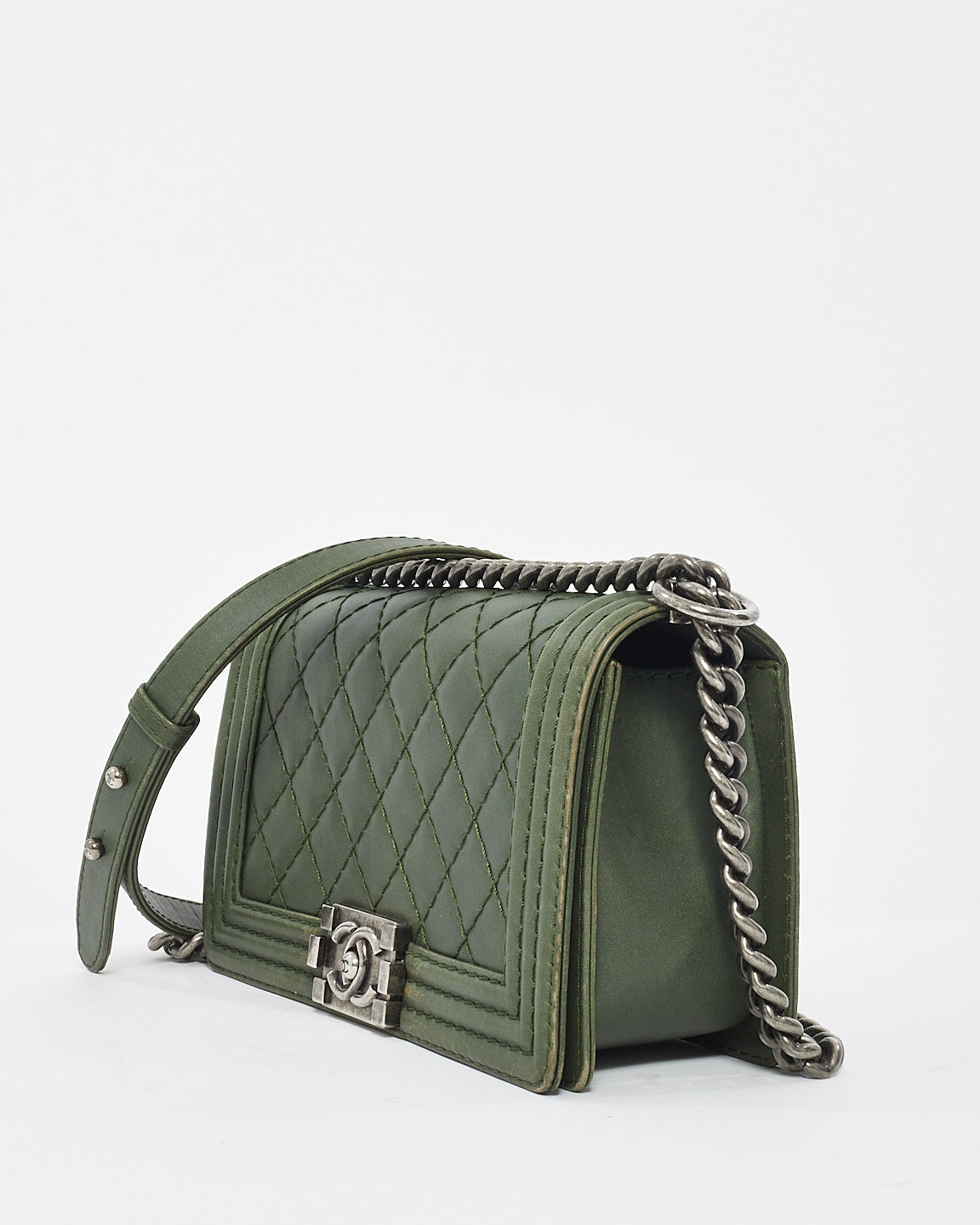 Chanel Dark Green Quillted Leather Old Medium Boy Bag