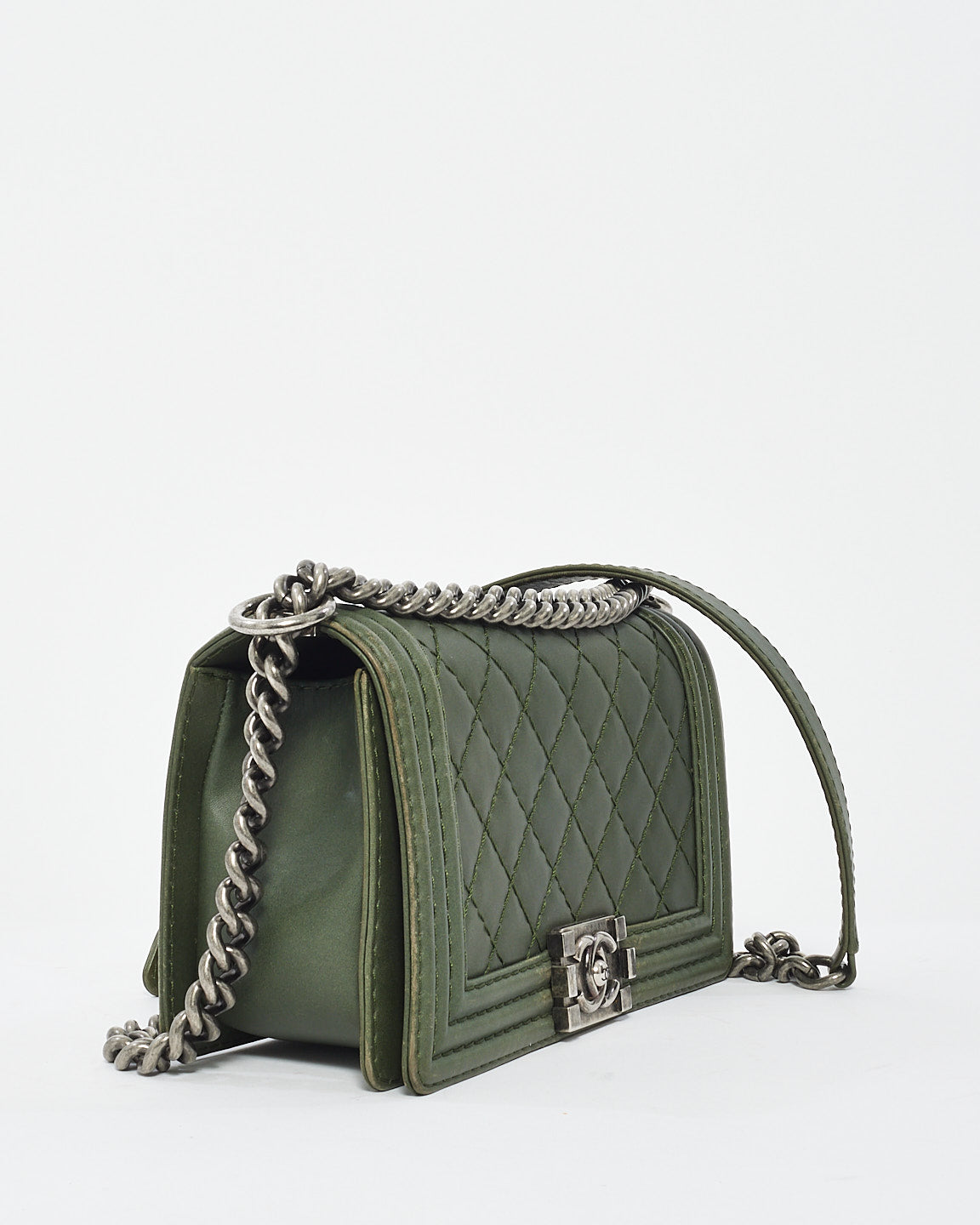 Chanel Dark Green Quillted Leather Old Medium Boy Bag