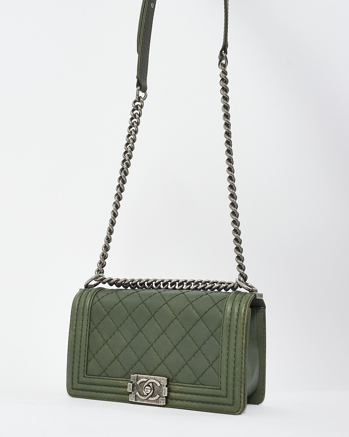 Chanel Dark Green Quillted Leather Old Medium Boy Bag